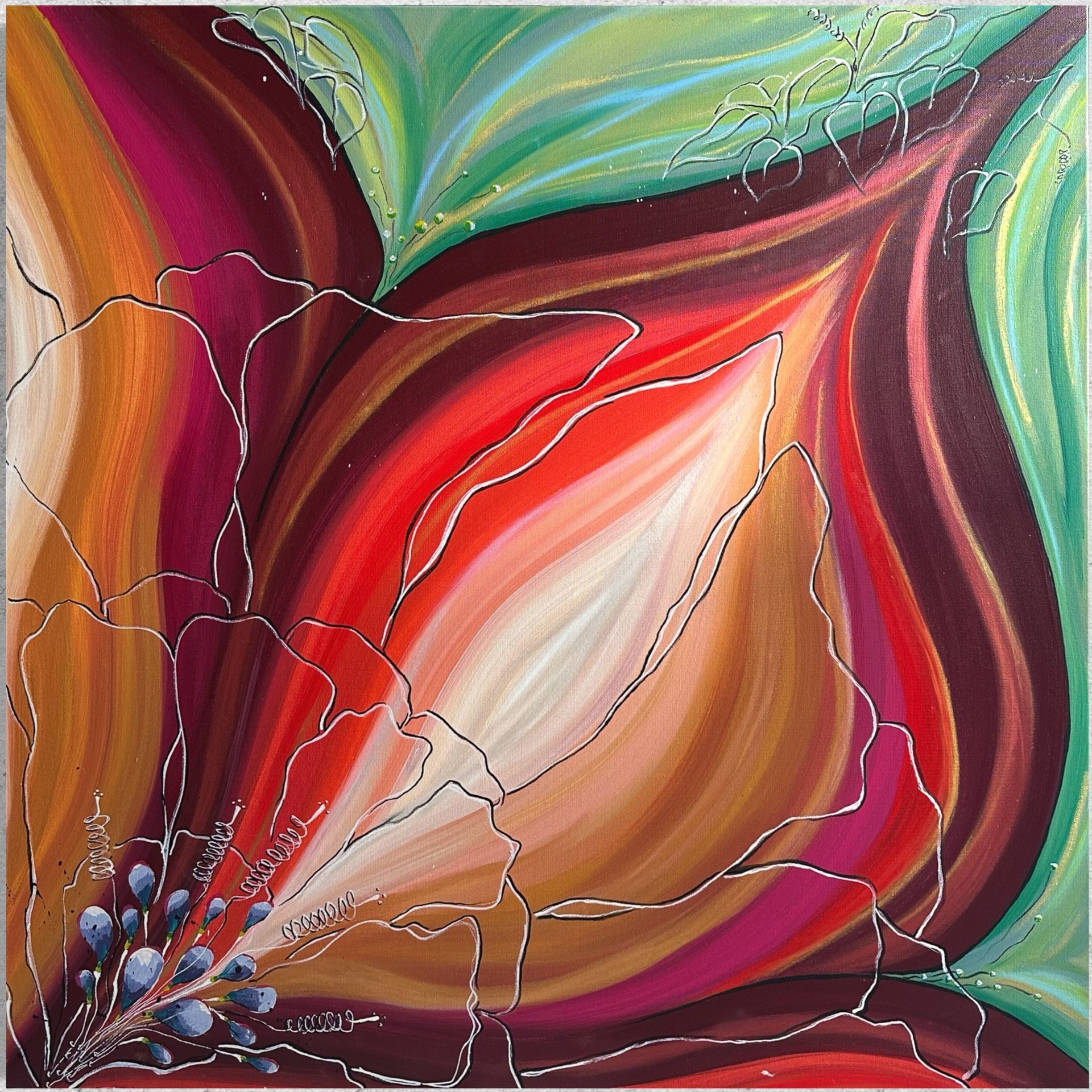 Abstract floral painting with swirling red, orange, pink, and green hues.