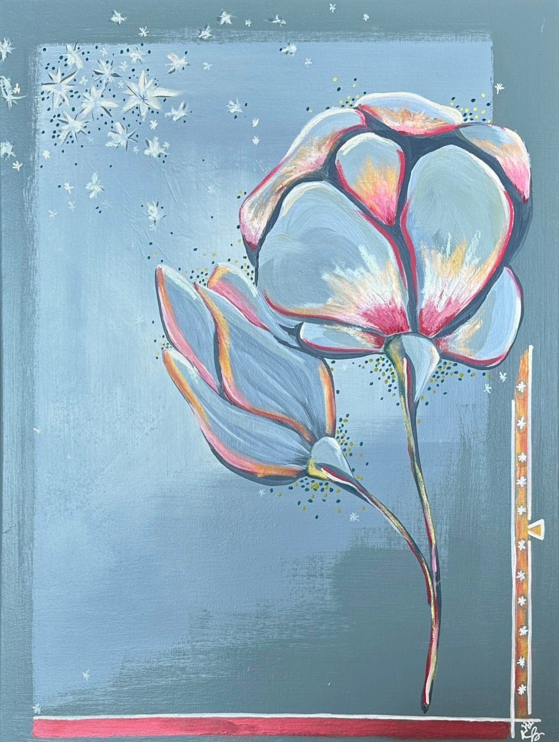 Abstract painting of blue and pink flowers against a gray background with stars.