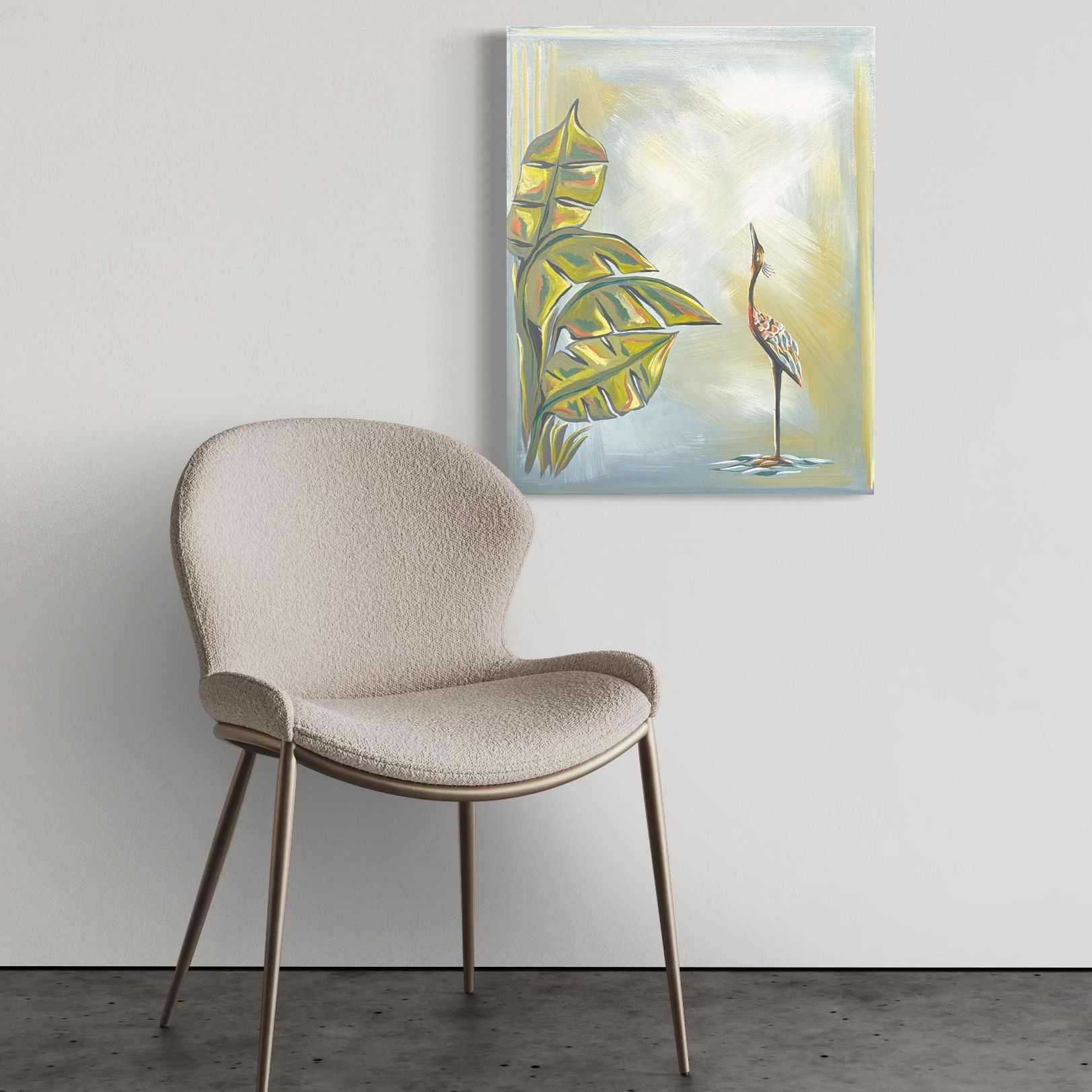 Chair next to a painting of a heron near leaves. The background has yellow and blue hues.