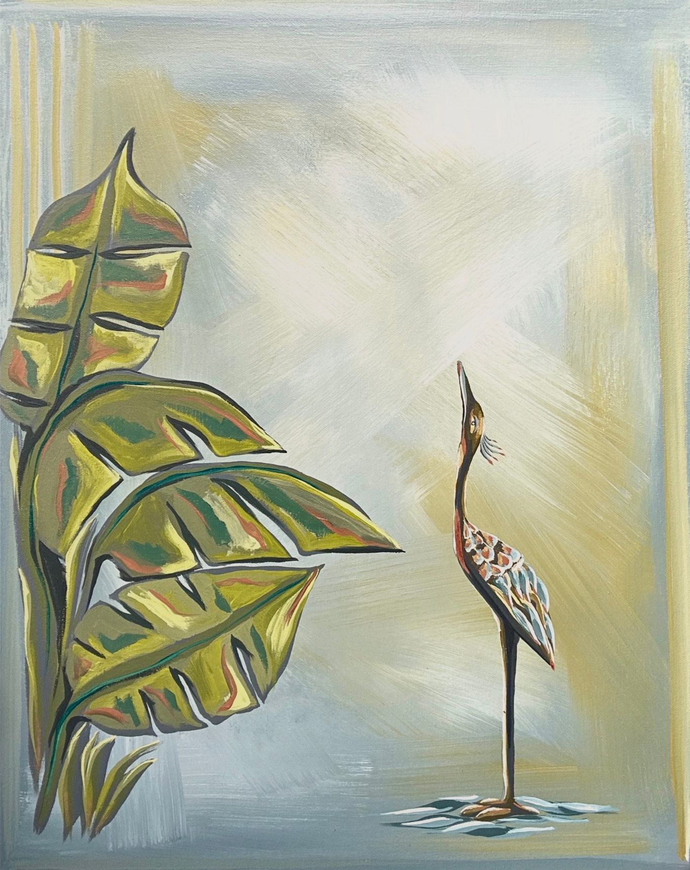 Painting of a metal bird with head raised near large, green banana leaves. Soft background in blues and yellows.