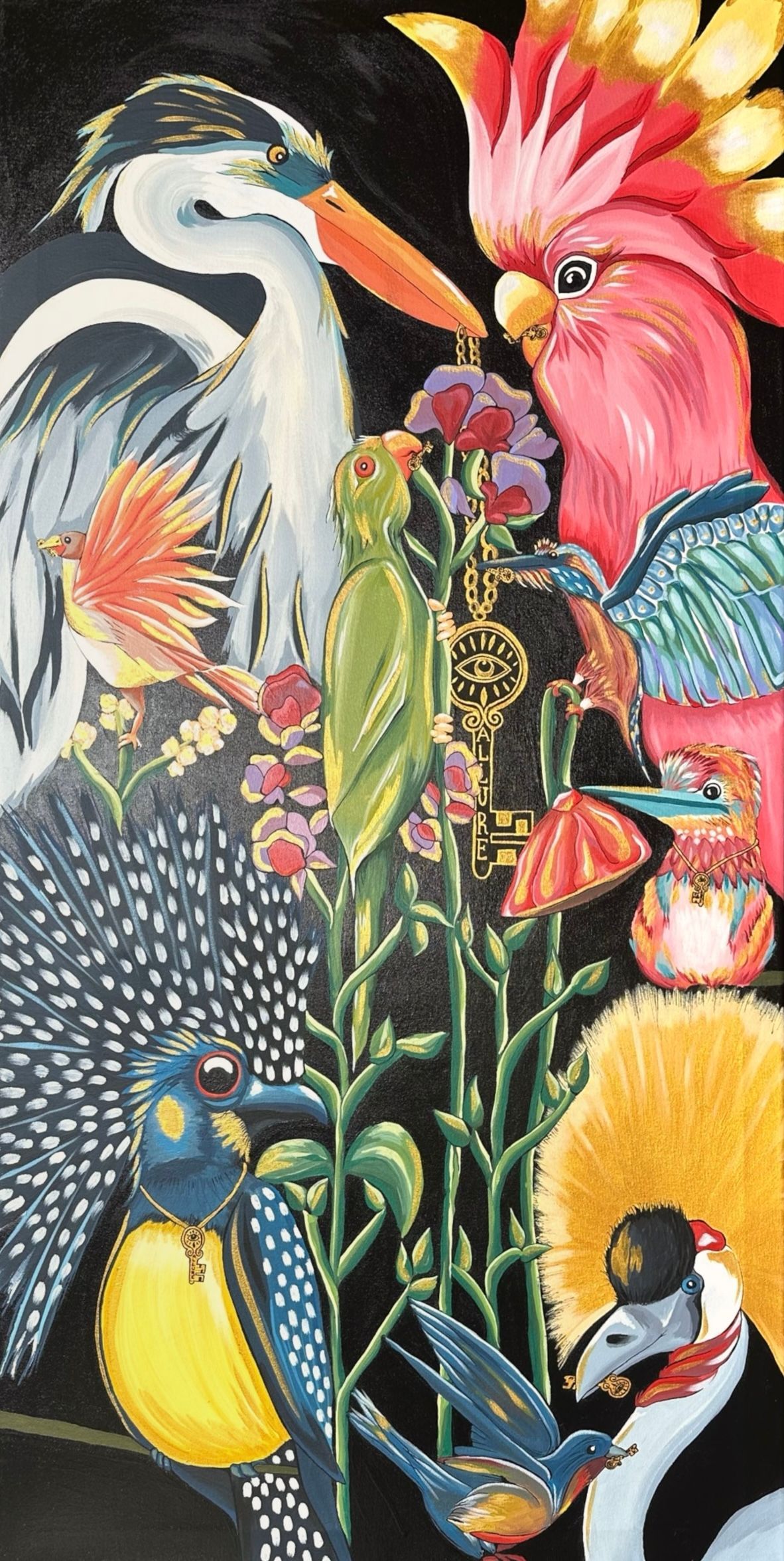 Colorful painting of various birds against a black backdrop, including a heron, cockatoo, and crowned crane.