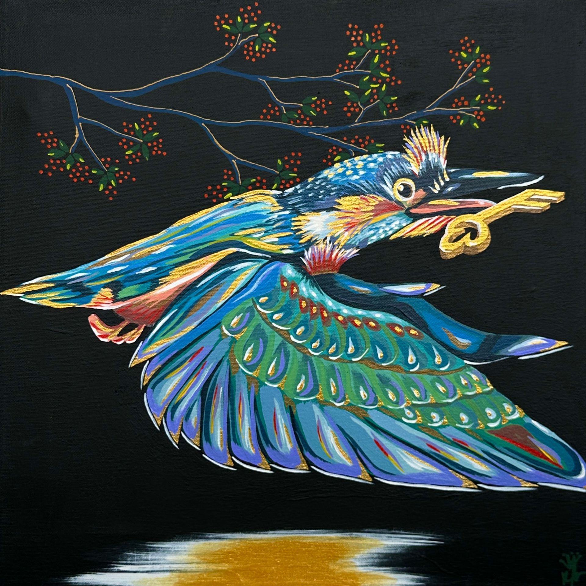Kingfisher in flight, carrying a golden key; against a black background, with a branch above.