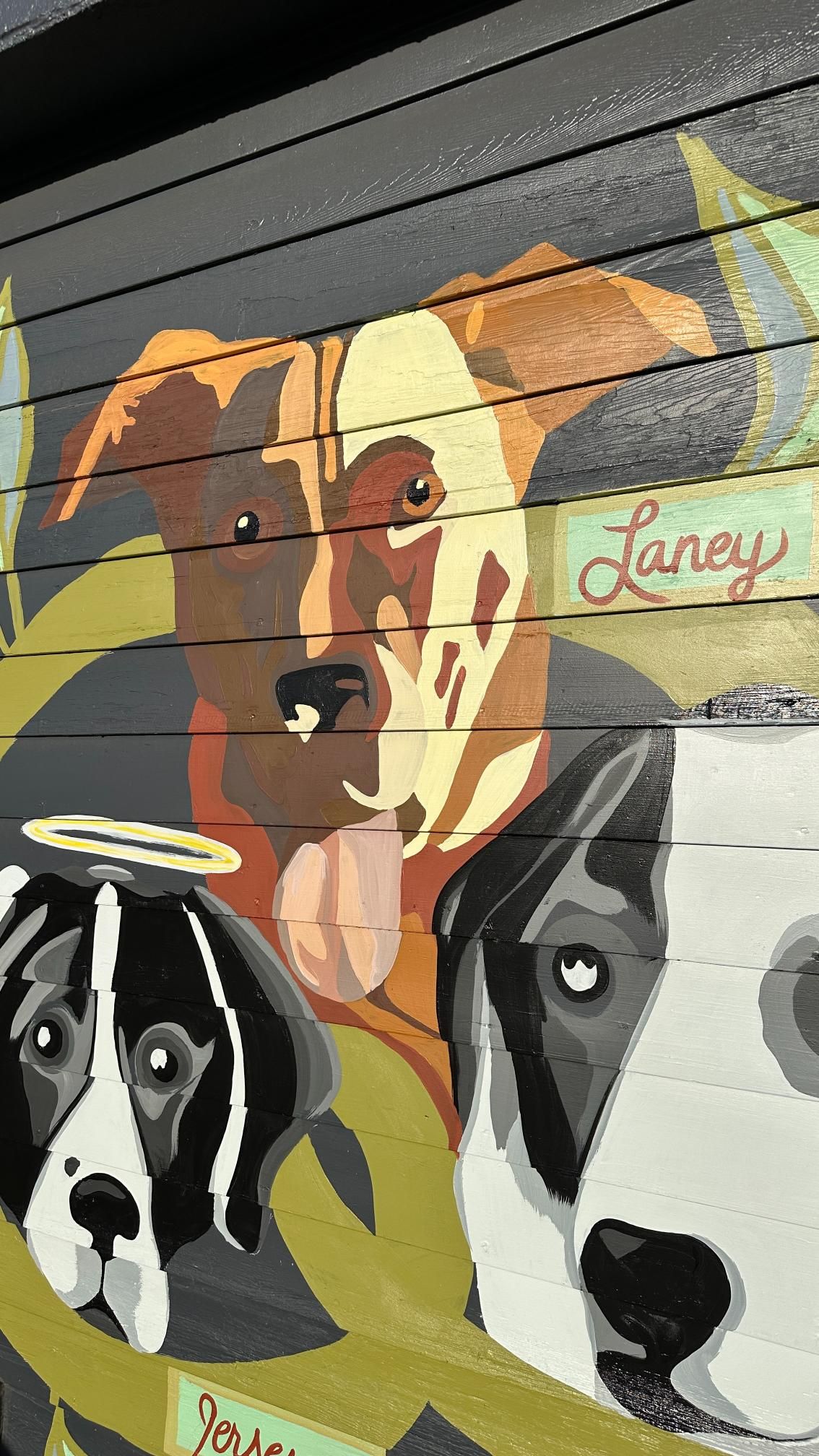Mural of dogs: brown and white dog with tongue out, other dogs, 