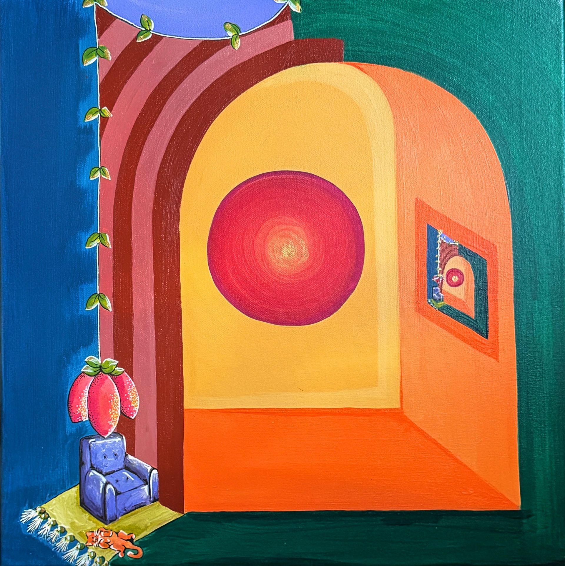 Colorful abstract painting: arches, a red circle, armchair, and a small painting.