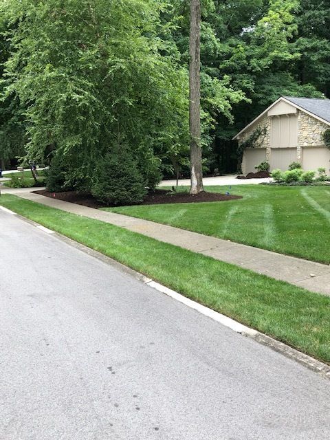 Green grass with a sidewalk next to a tree and a beige house with a garage in the distance.