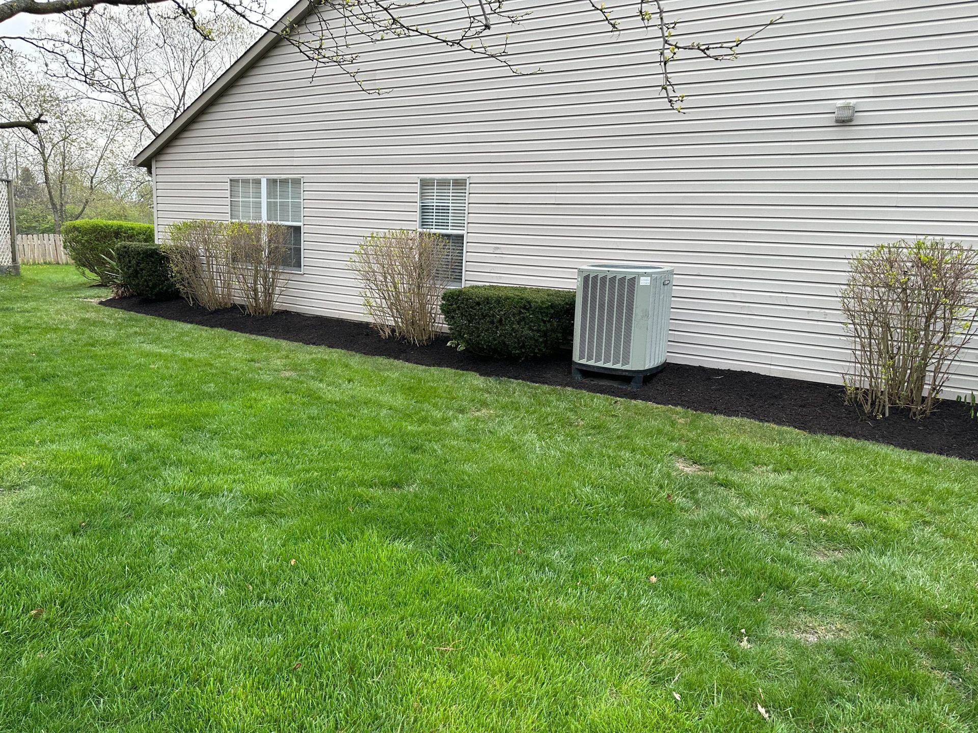 Green lawn next to a house with black mulch and bushes; an air conditioning unit is on the right.