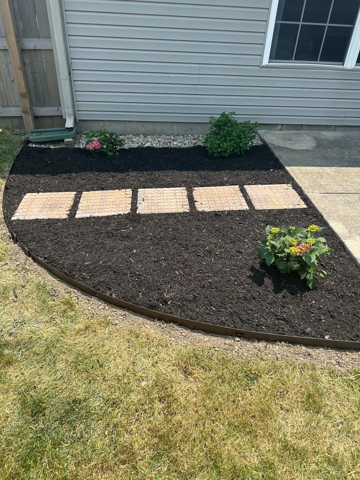 Black mulched garden bed with stepping stones and plants, next to concrete walkway.