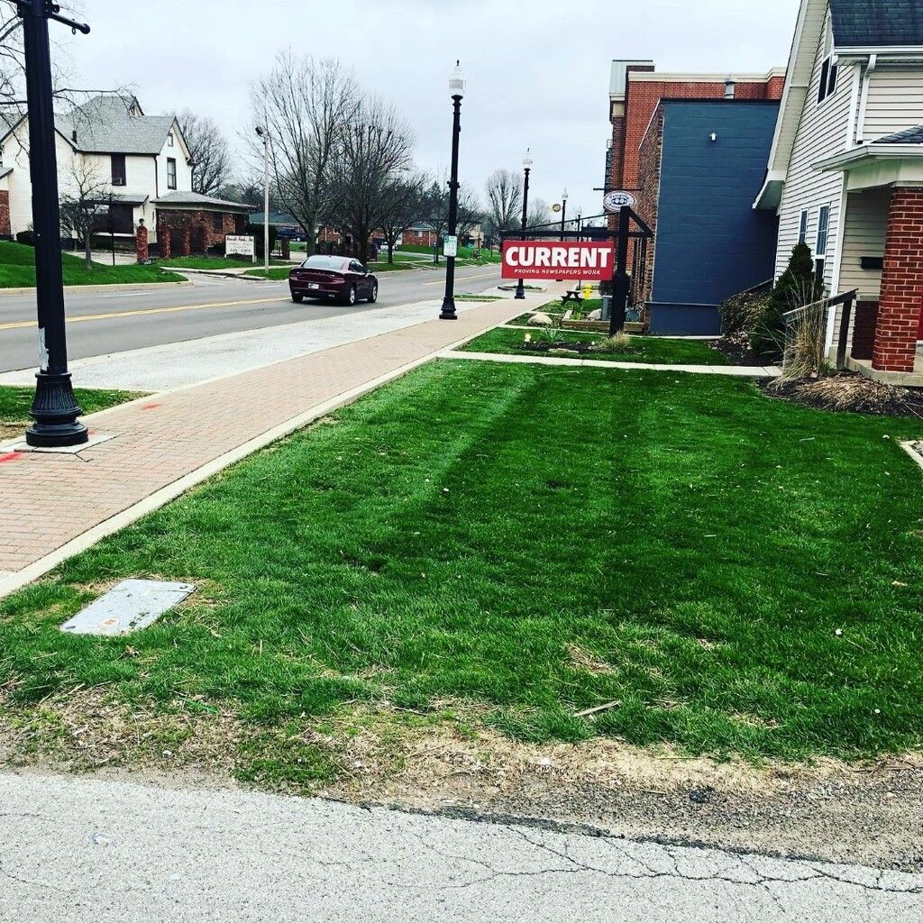 Lush green lawn next to a brick sidewalk and a street with a passing car. A sign for CURRENT is visible.
