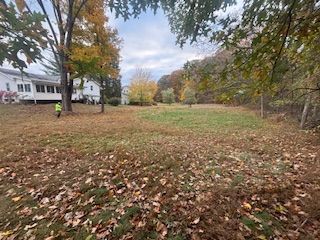 Grassy field with fallen leaves, trees, and a house in the background on an overcast day.