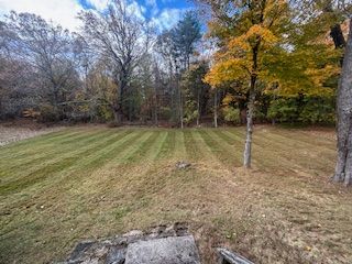Lawn with freshly cut stripes, bordered by trees with fall foliage. Overcast sky.