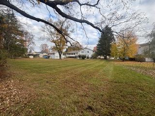 Lawn with cut grass, trees, and houses in the background on a cloudy day.
