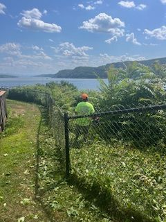 A man is standing behind a chain link fence looking at a lake.