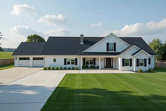 A white house with a porch and a chimney
