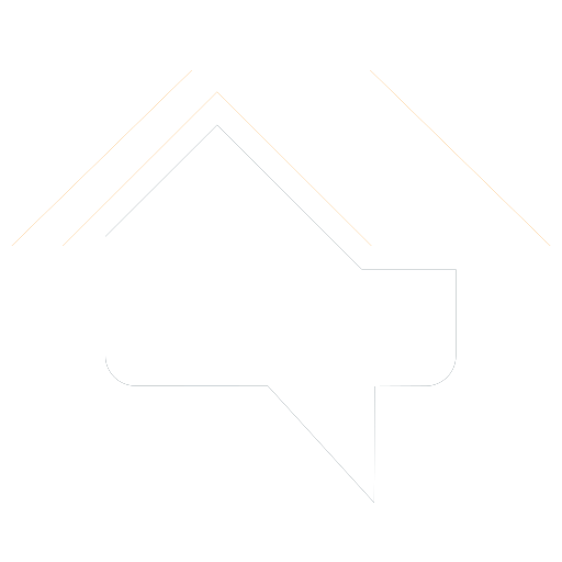 A white speech bubble in the shape of a house on a white background.