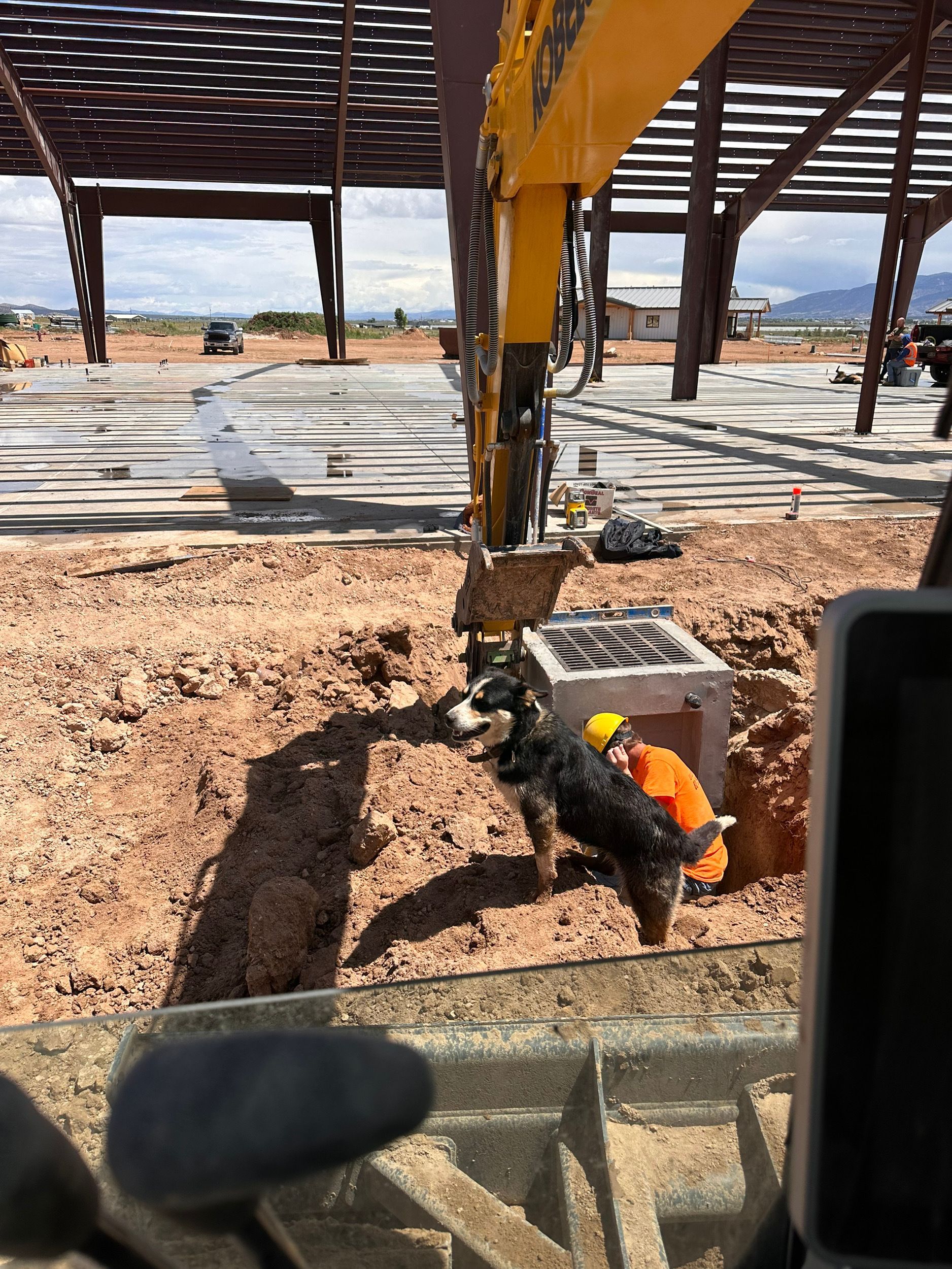 A construction worker and a dog stand near a hole, with a machine overhead at a construction site. The ground is dirt, and there is a partially built metal building.