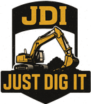 Yellow excavator scooping dirt; JDI logo with 