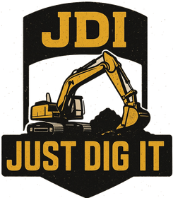 Yellow excavator scooping dirt; JDI logo with 