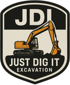 Black and tan logo with an excavator digging. 