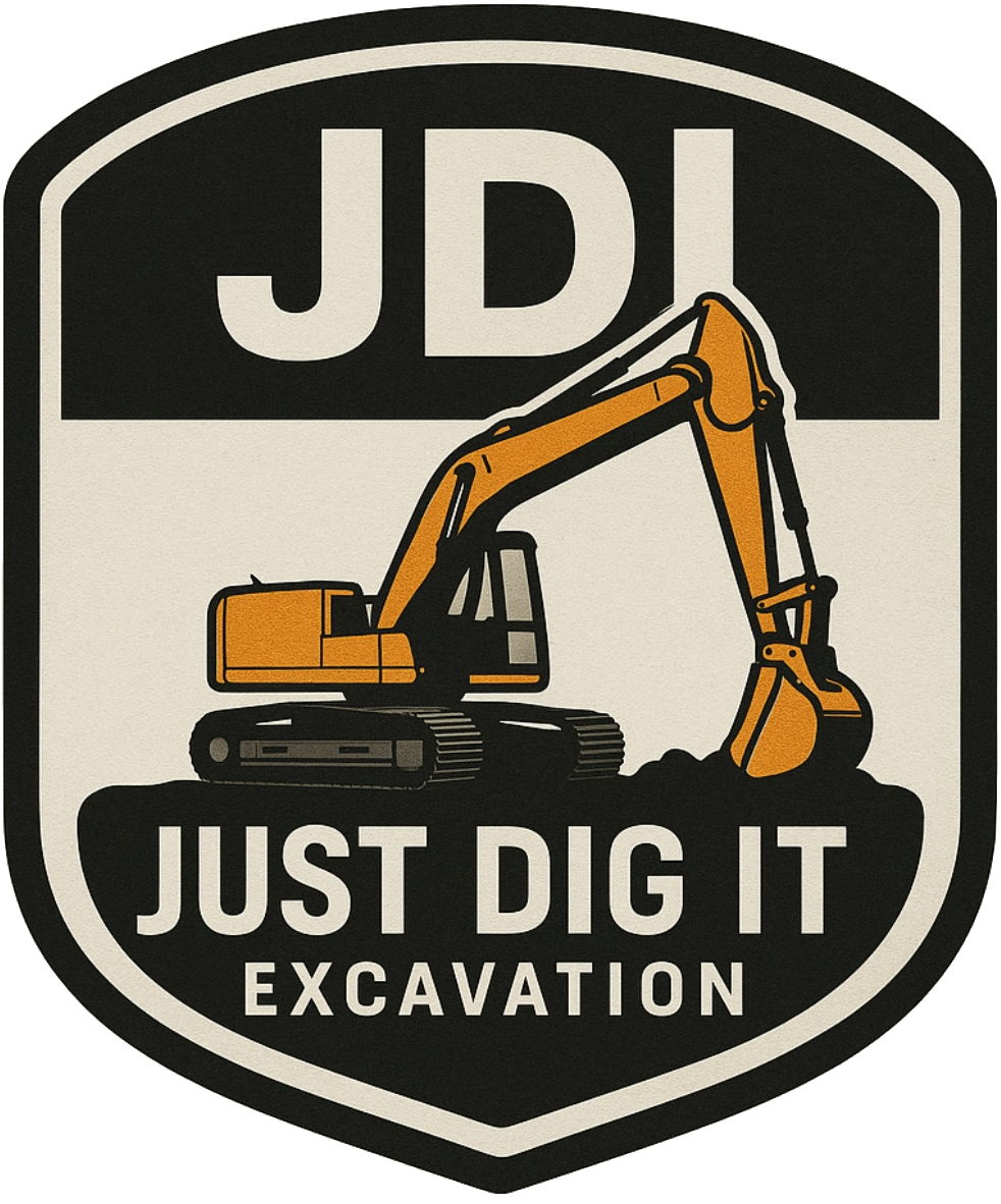 Black and tan logo with an excavator digging. 