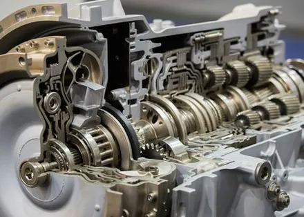 A close up of a cut in half automatic transmission.