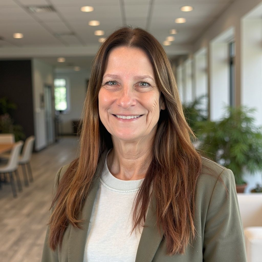 Woman in a blazer and t-shirt smiles, standing indoors with plants and seating visible.