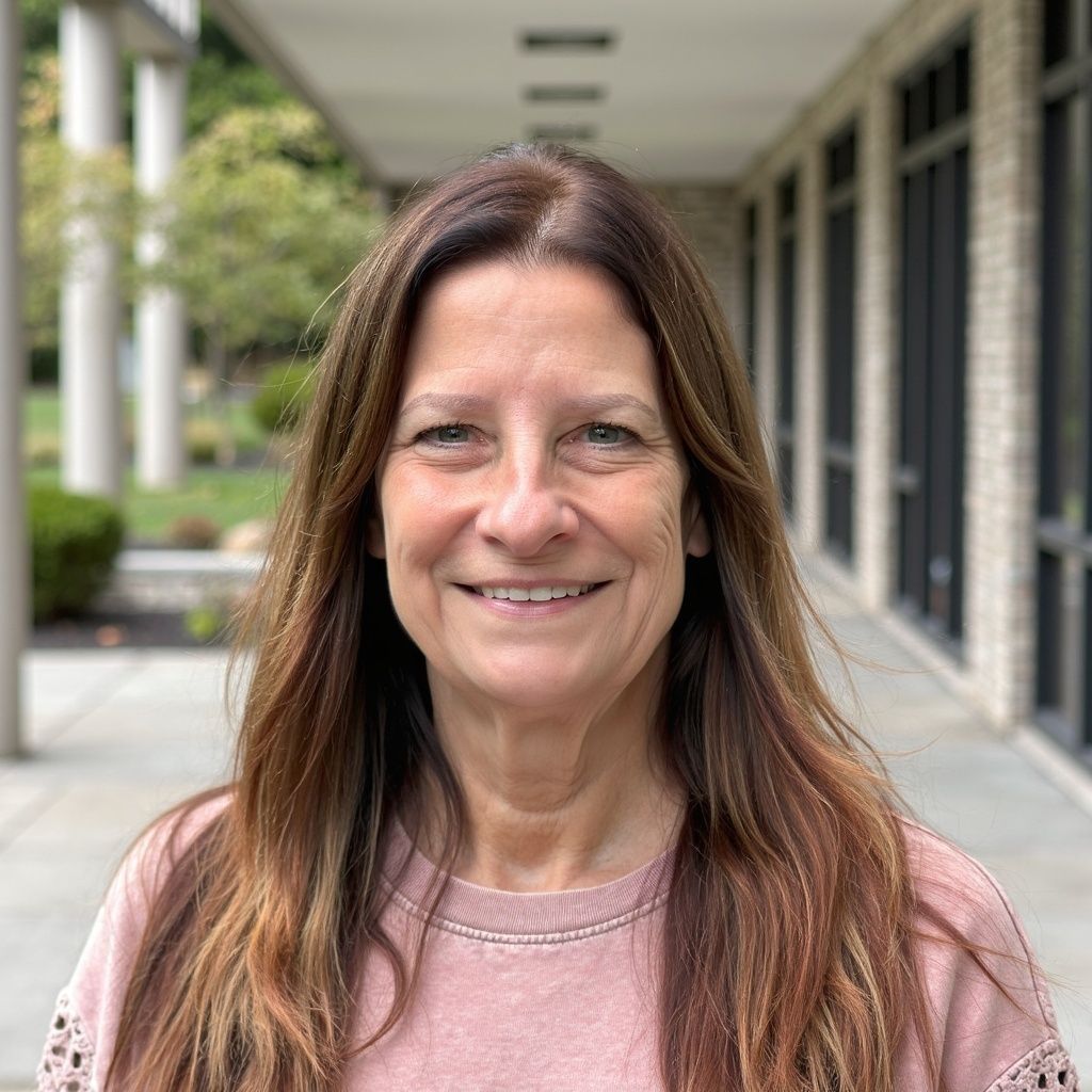 Woman with long brown hair smiles, standing outside a building. She wears a pink top.