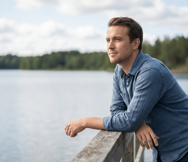 A person in a blue button-down shirt leaning on a wooden railing, looking out over a calm lake with trees in the distance.