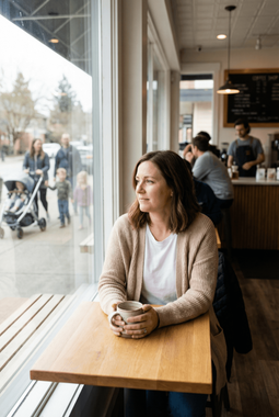 Woman at cafe table, holding mug, gazing out large window at people on sidewalk.