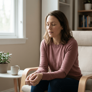 Woman sitting in chair with eyes closed, hands clasped, in a well-lit room.