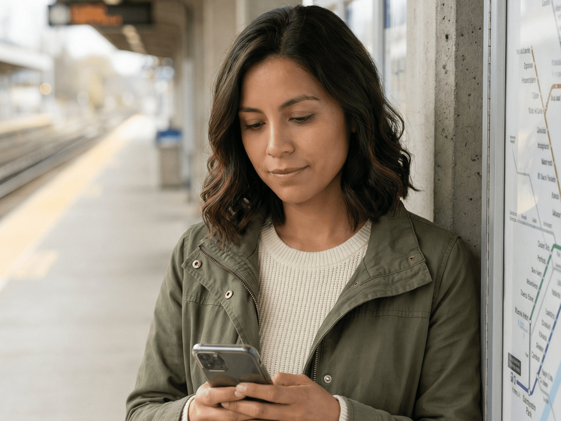 Woman using a phone while leaning against a concrete wall at a train station.