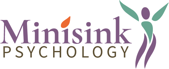 Logo for Minisink Psychology: Text with a tear-drop, plus an abstract figure with arms raised in greens and purples.