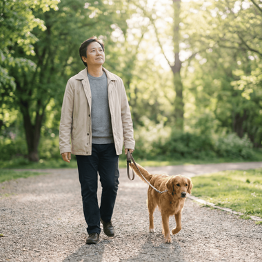 Man walking a golden retriever on a leash down a path in a park with trees and sunlight.