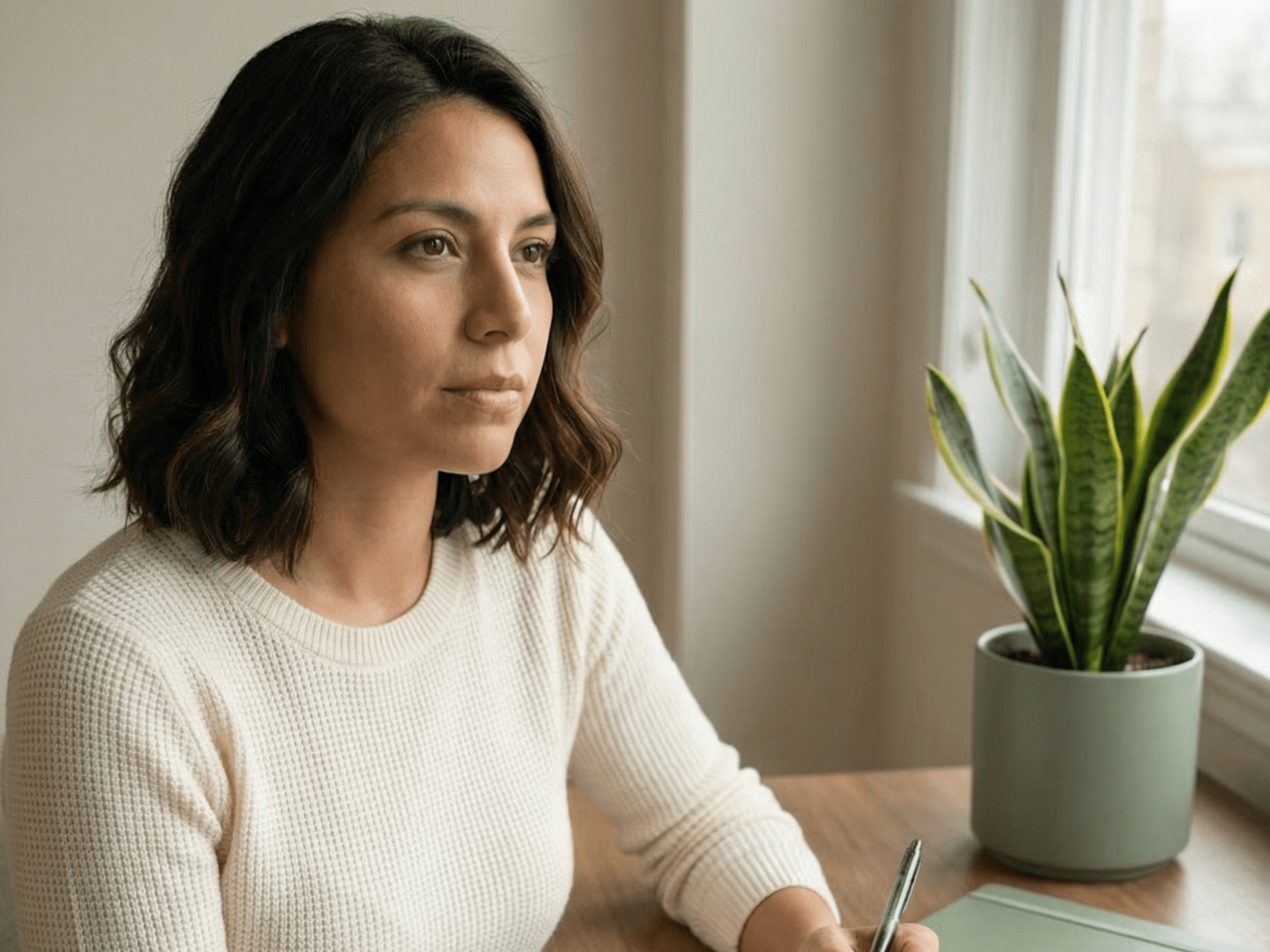 Woman in white sweater looks out a window, holding a pen. A green plant sits nearby.