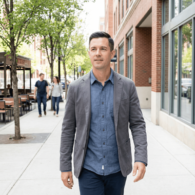 Man in gray blazer and blue shirt walks down a city sidewalk.