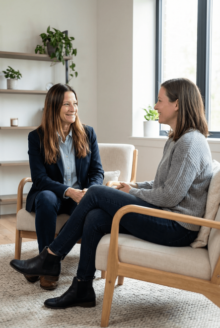 Two women smiling, seated in armchairs. One in blazer, one in sweater, in a bright room with a bookshelf and window.