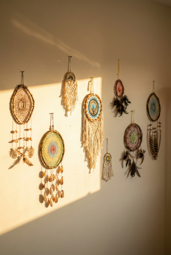 Dreamcatchers hanging on a wall, illuminated by warm sunlight.