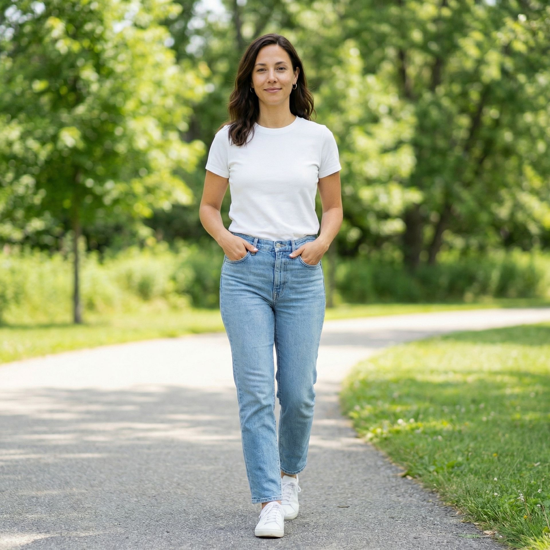 Woman walks on a path in a park, wearing a white t-shirt, jeans, and sneakers, hands in pockets.