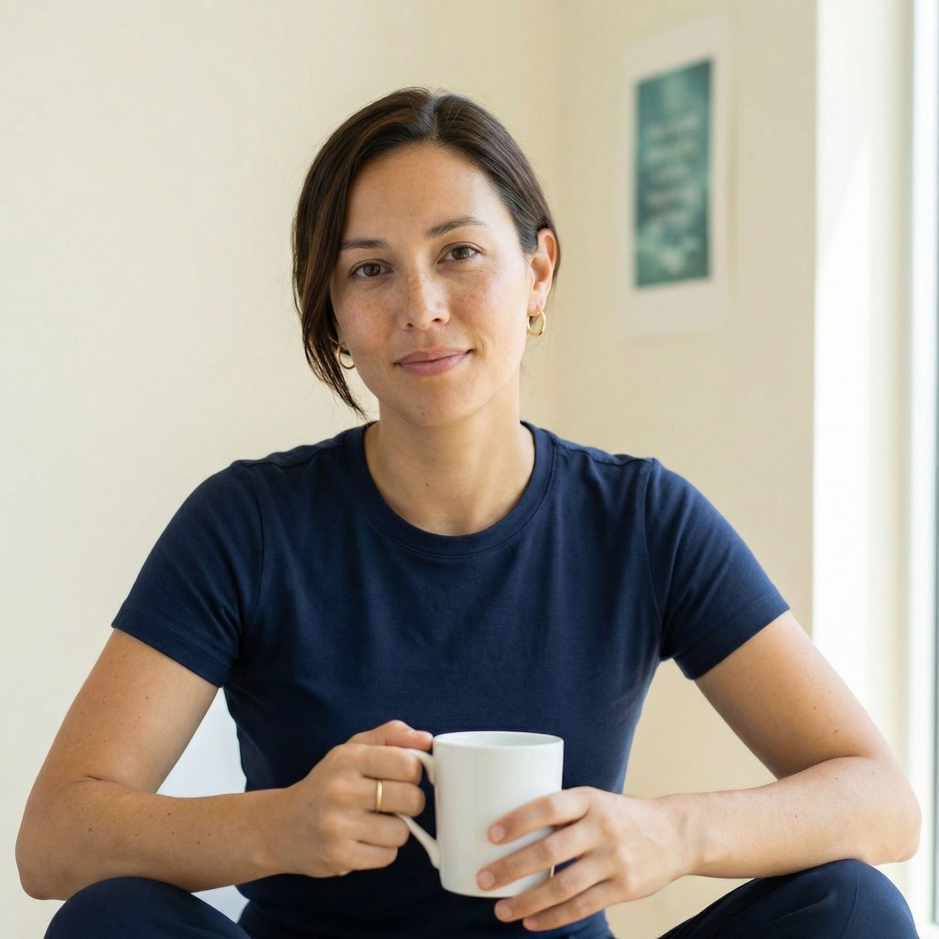 Woman in navy blue shirt holds a white mug, seated by a window, smiling.