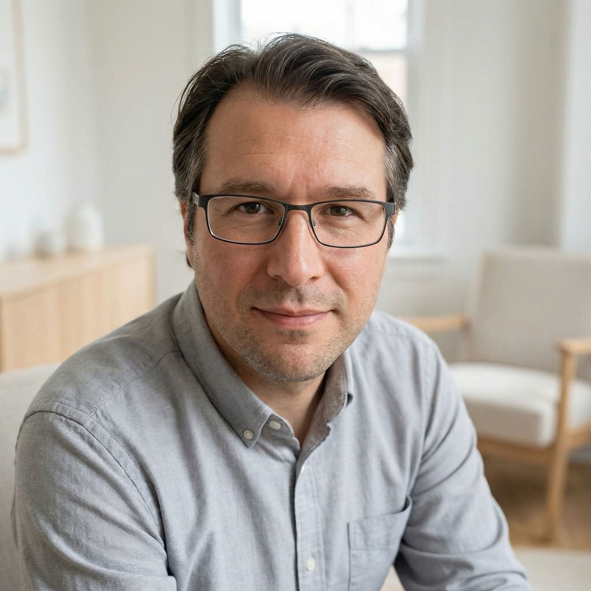 Man wearing glasses and button-down shirt, looking directly at the camera in a light-filled room.