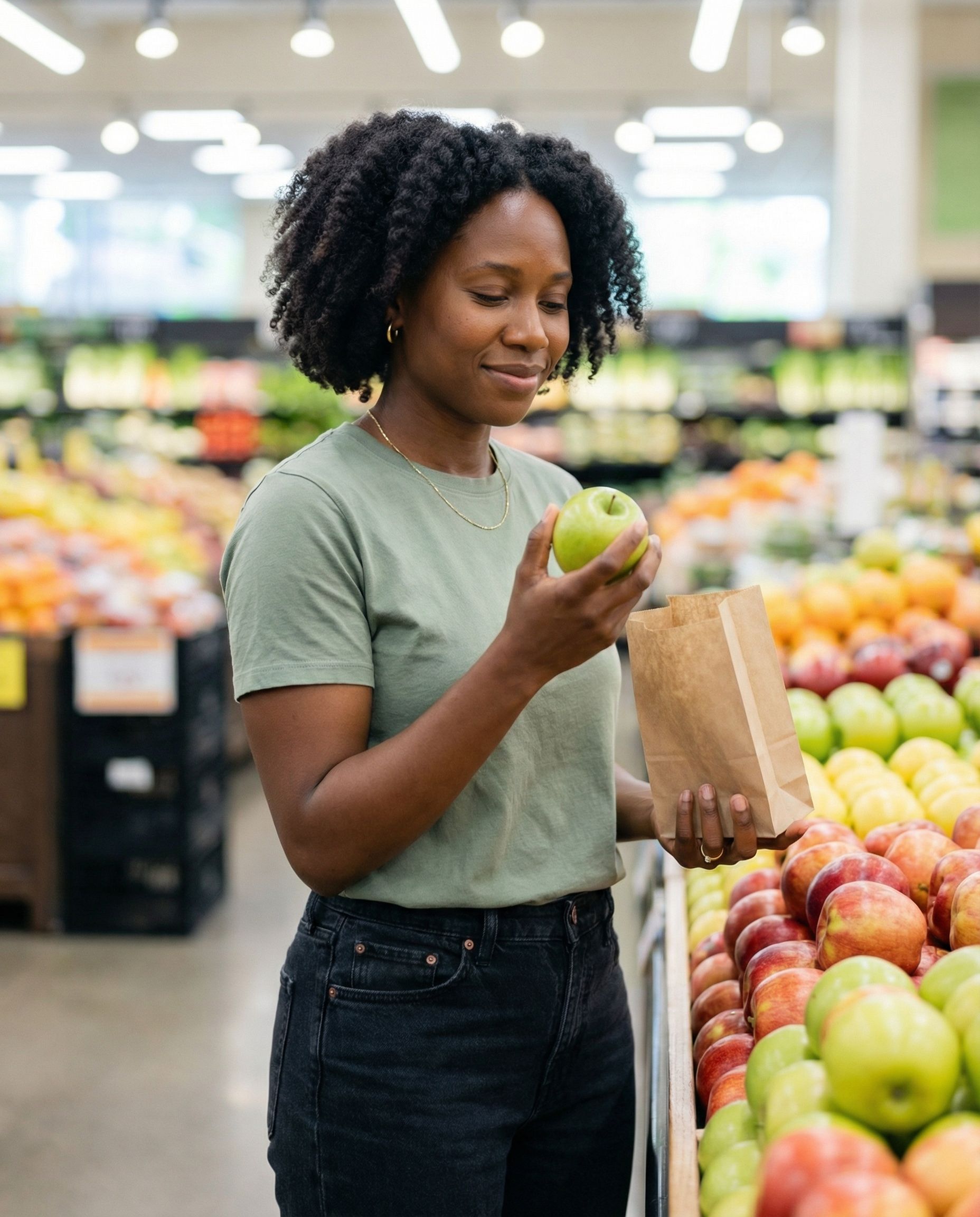 Woman in a green shirt inspecting a green apple while shopping in a grocery store's produce section.