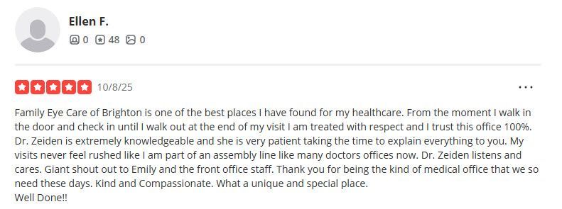 Review of Family Eye Care of Brighton: 5-star rating, positive feedback.