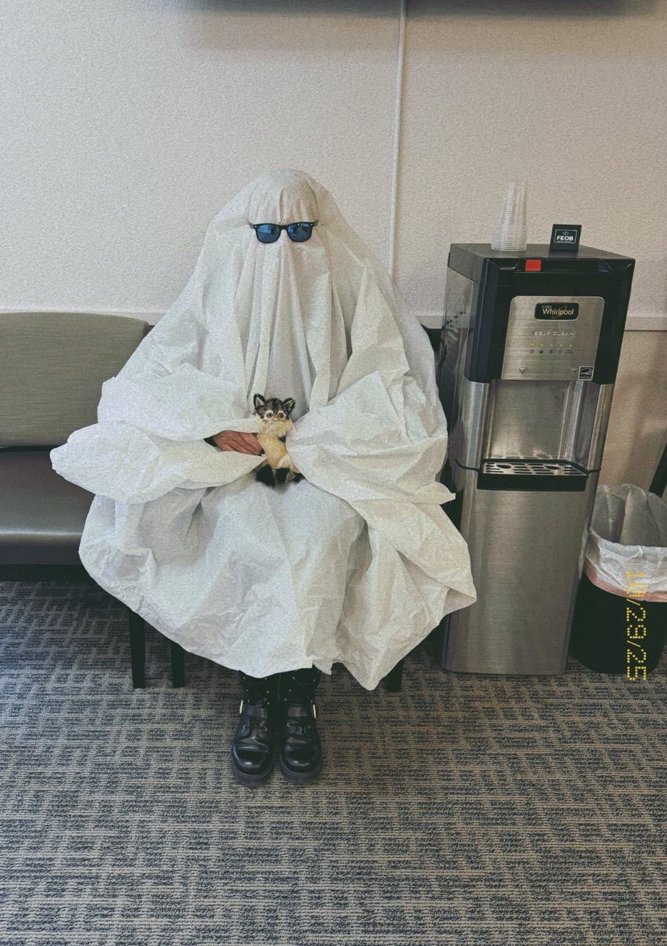 Person in ghost costume, wearing sunglasses, sitting with a cat in their lap next to a water cooler.