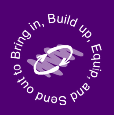 Purple circular graphic with text: