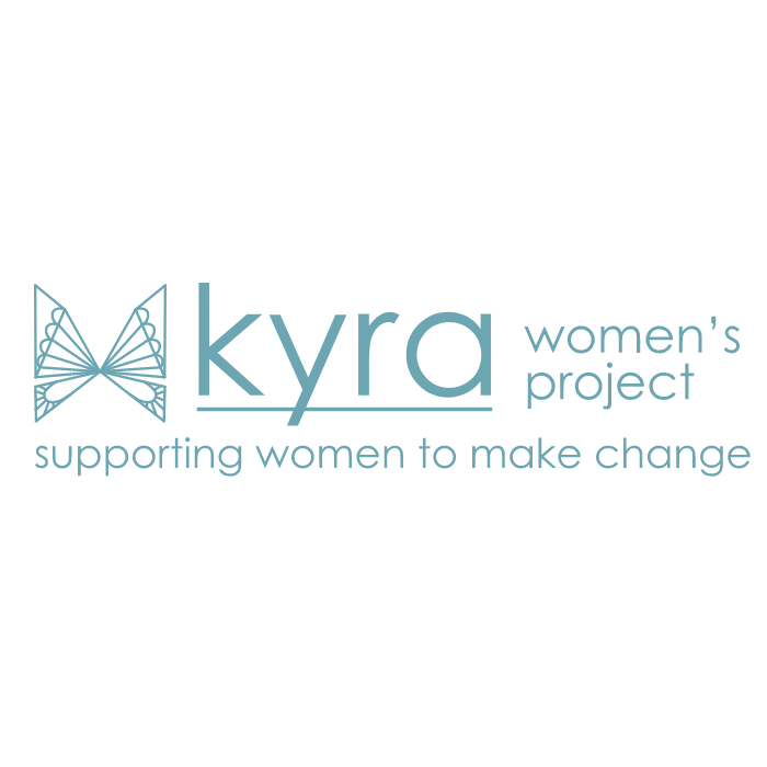 Logo for Kyra Women’s Project. Light teal text on a white background. Features butterfly icon and text “supporting women to make change.”