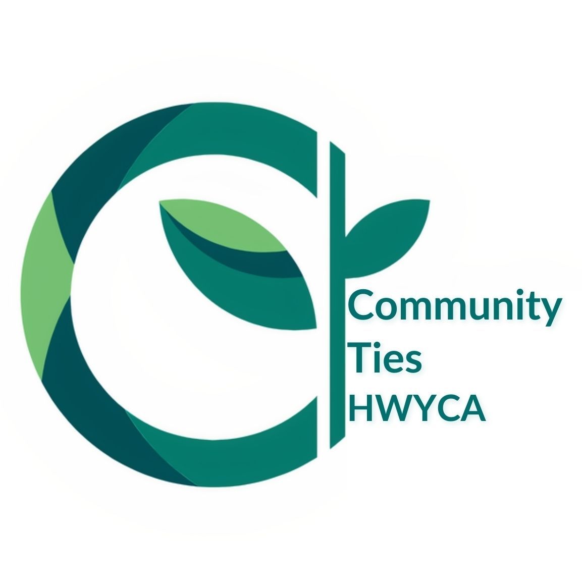 Logo for Community Ties HWYCA: Green circle with stylized plant. Text 