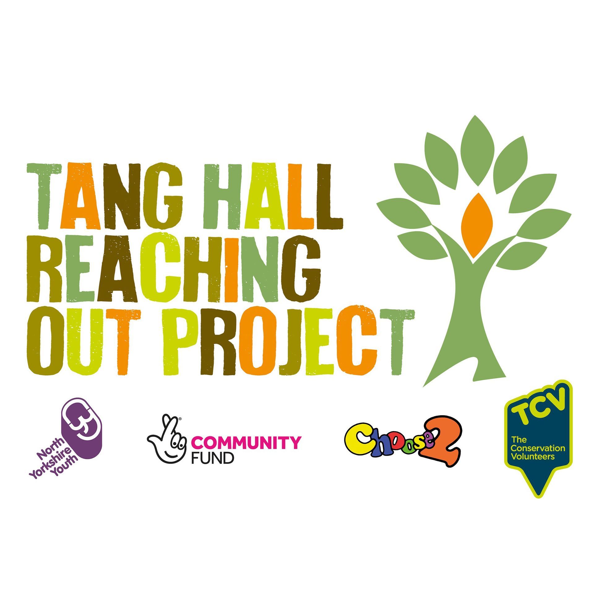 Logo for Tang Hall Reaching Out Project, with tree graphic and various sponsor logos.