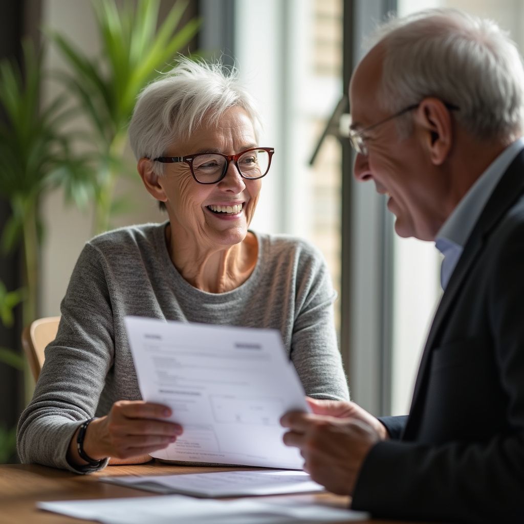 Older woman smiles while reviewing documents with an older man in an office setting.
