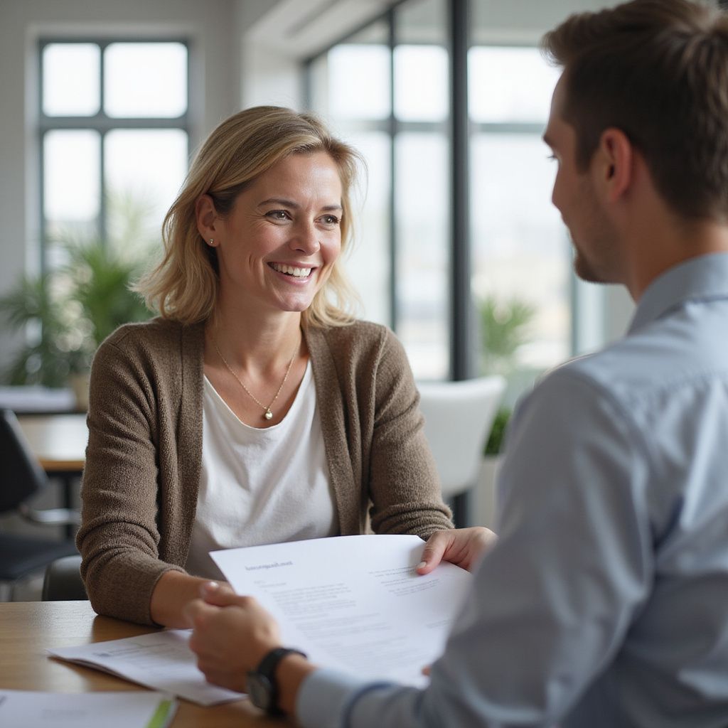 Woman smiling, receiving papers from a man at a desk in an office setting.