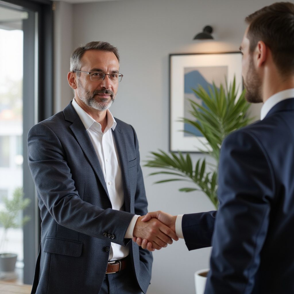 Two men in suits shaking hands in an office setting.