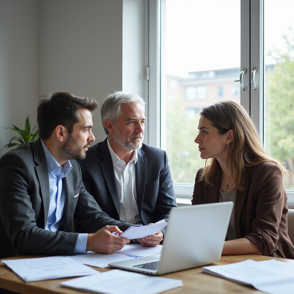Three people in suits at a table with laptop and papers; discussing documents near a window.